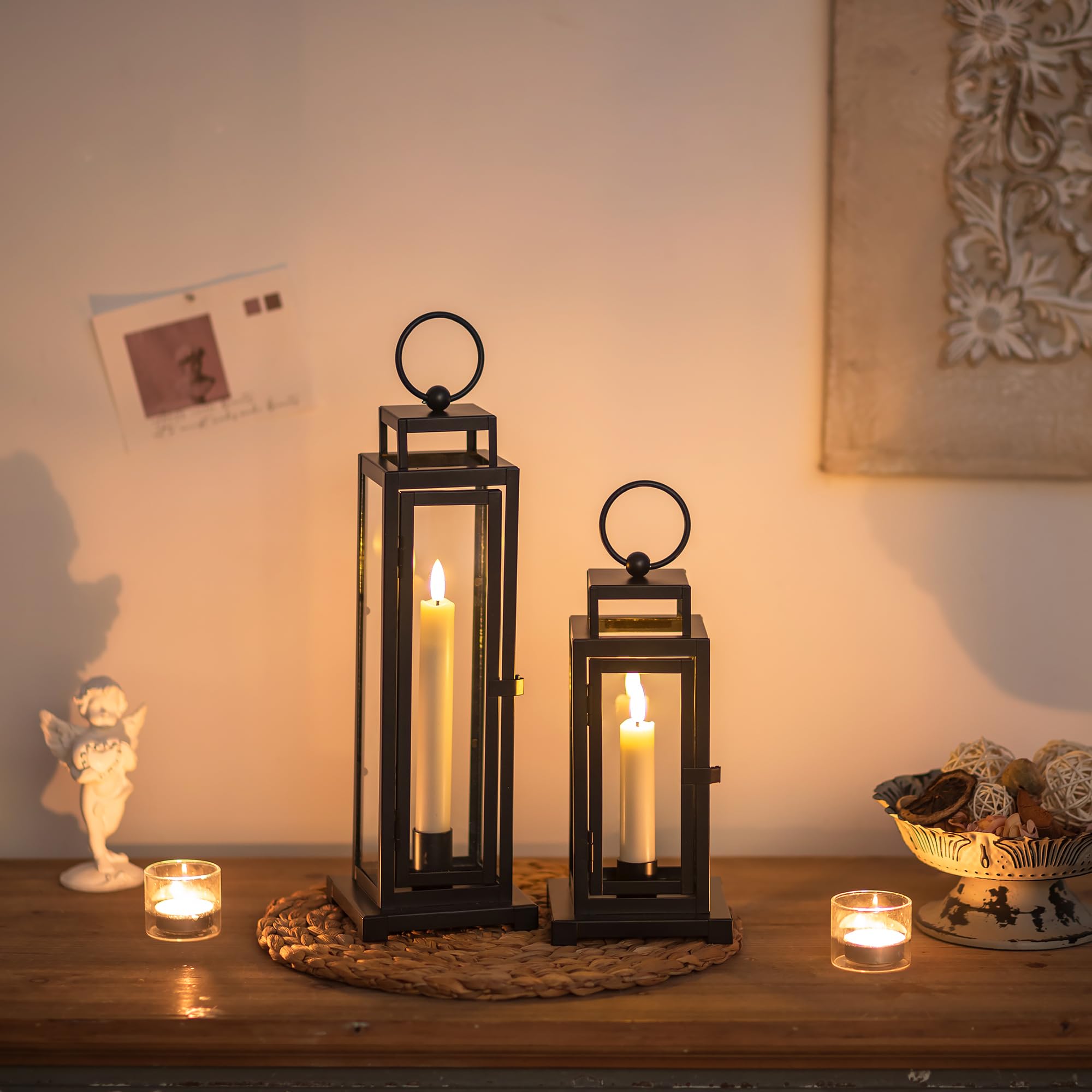 Large Candle JHY DESIGN Decorative Hanging Lantern 25 Cm High Vintage  Candlesticks, Metal Candle Holder With Glass For Indoor Garden Balcony  Living Room (Black With Gold Brush Hurricane Candle Holder, image size:2000x2000