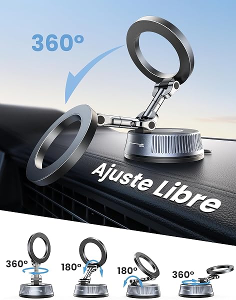 Magnetic Mobile Phone Car Holder with Vacuum Suction Nano Gel Enhanced, Adjustable 360° & Foldable Support Telemovel Cart for MagSafe, Includes Metal Ring, Universal for iPhone/Android - 5