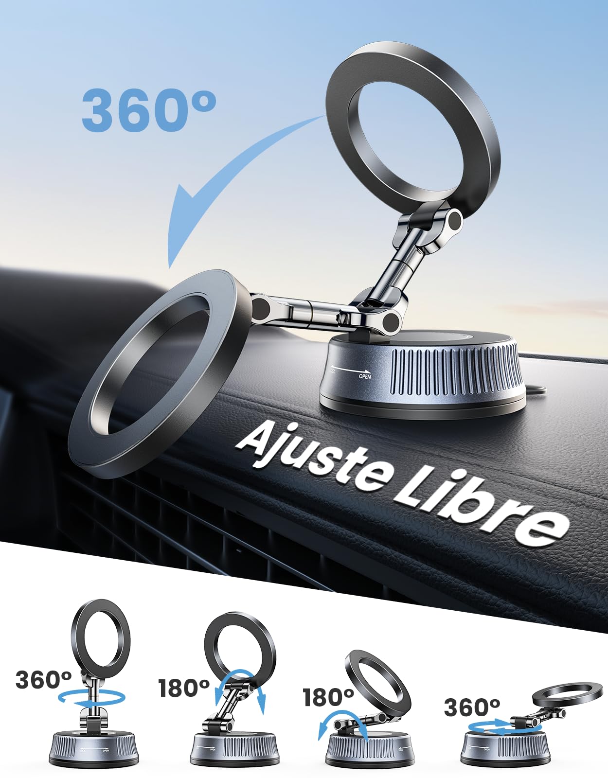 Magnetic Mobile Phone Car Holder with Vacuum Suction Nano Gel Enhanced, Adjustable 360° & Foldable Support Telemovel Cart for MagSafe, Includes Metal Ring, Universal for iPhone/Android — view 5