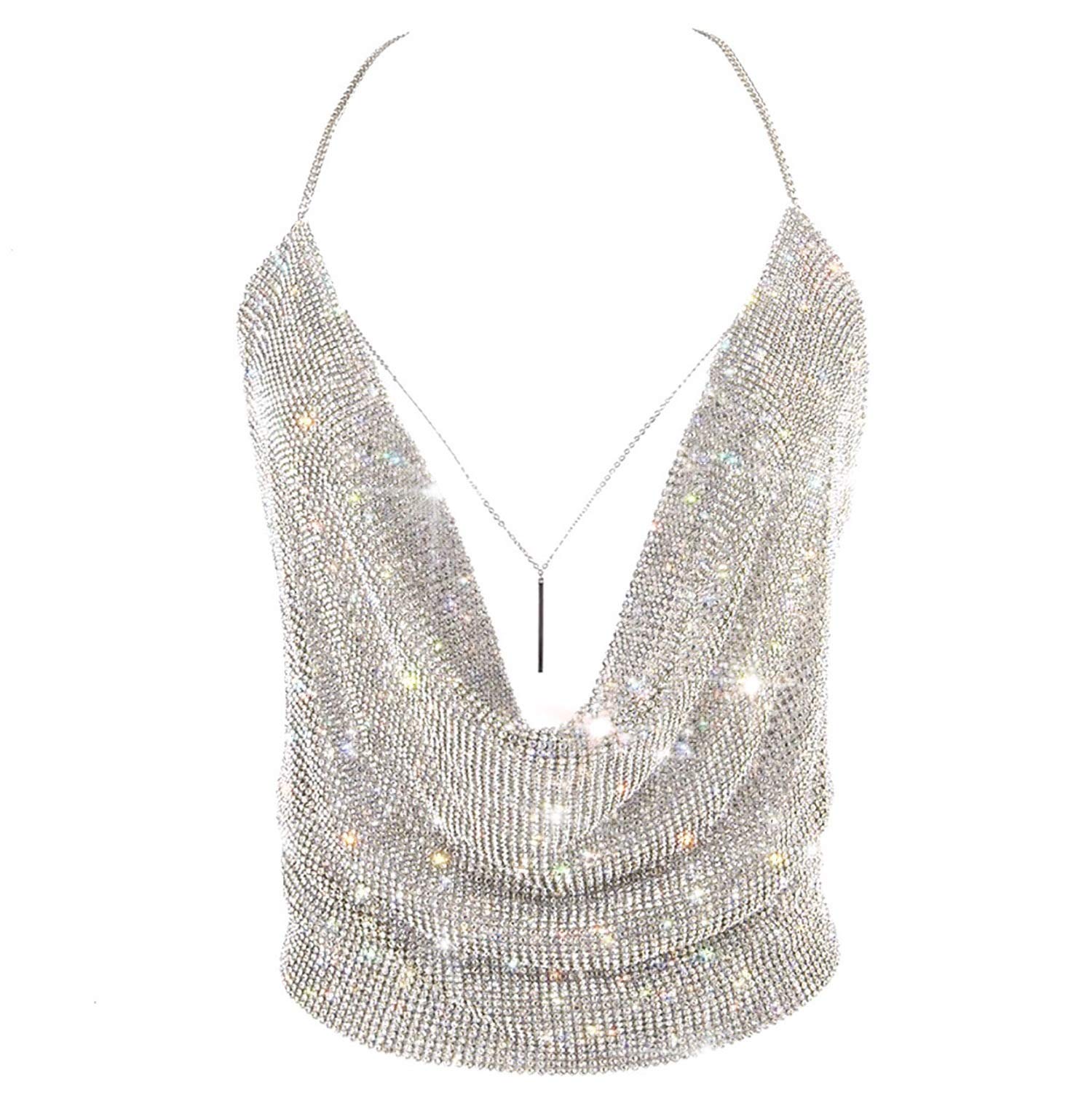 Gold Sexy Tops for Women Sparkly Deep V Neck Crop Tank Tops Cami Body Chain Top