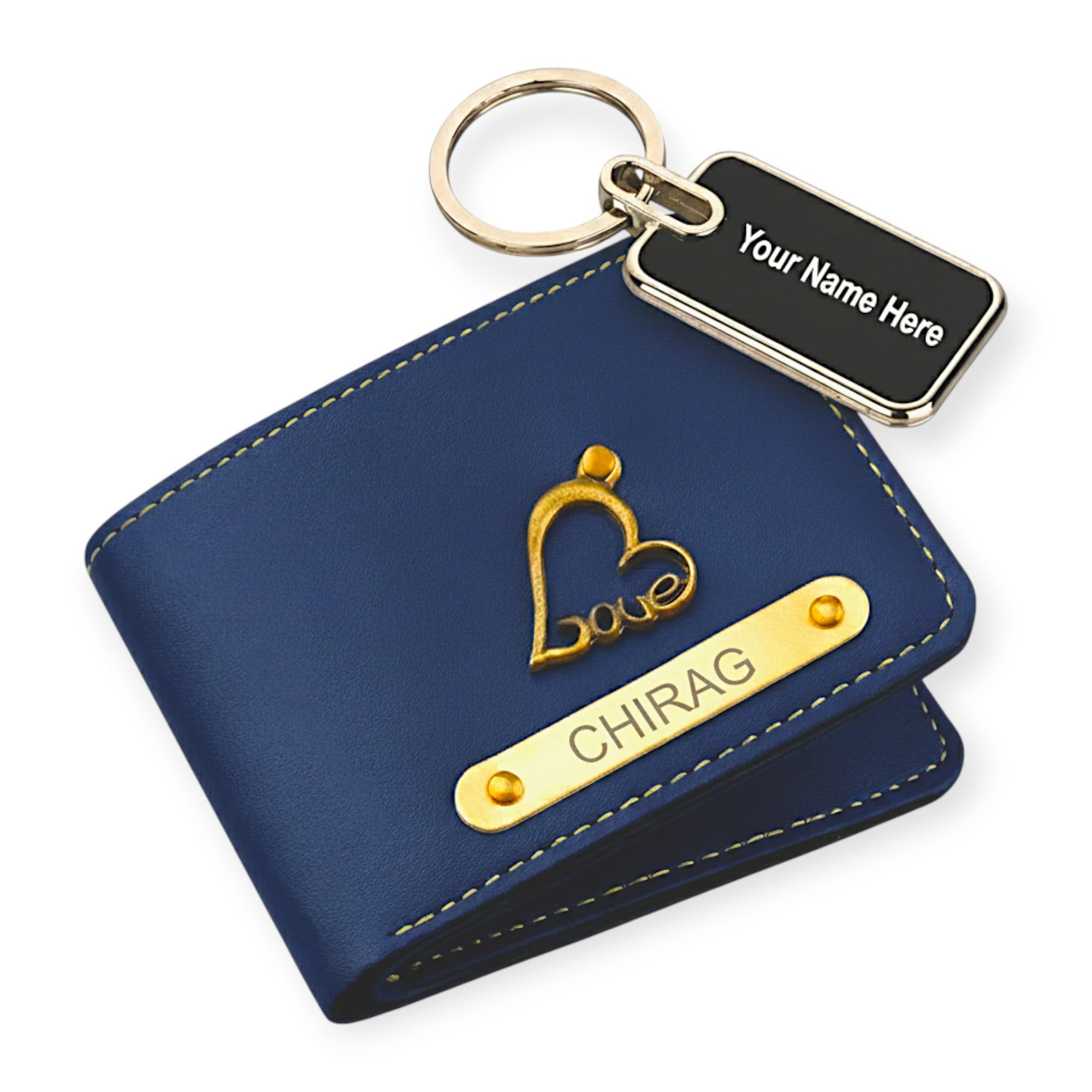 Unique Gift Items Personalized Vegan Leather Wallet for Men with Name & Charm | Custom Wallet with Free Metal Name Engraved Keychain | Gift for Boys, Husband, Brother