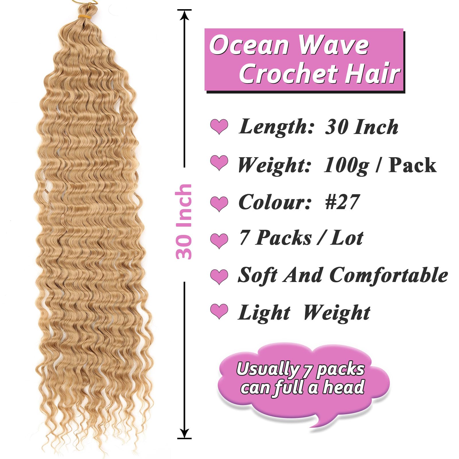 Samtress Ocean Wave Crochet Hair Synthetic 30 Inch 7 Packs Deep Wave Curly Braiding Hair Honey Blond Long Deep Twist Braiding Hair Extensions For Black Women (#27) - Image 2