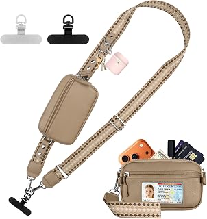 YFWE Clip and Go Phone Strap with Crossbody Wallet, Adjustable Phone Lanyard with Detachable RFID Wristlet Wallet, Anti-Theft Leather Purse with ID Window for Travel Essentials (Khaki)