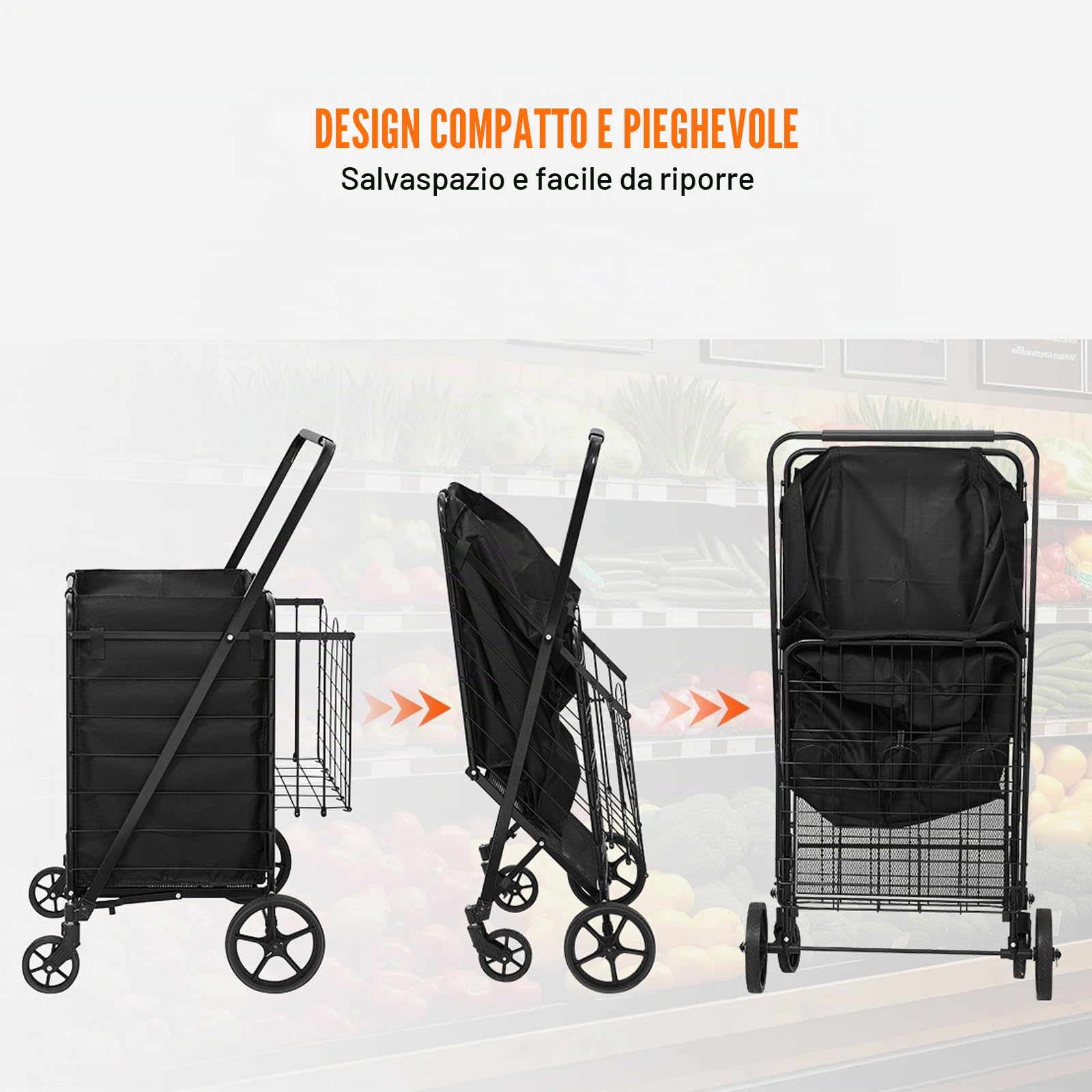 VEVOR Carrello Portabiancheria con 4 Ruote Cesto per Lavanderia Portabiancheria con Cesto Posteriore Portaoggetti Carico Max. 150,5 kg, Cestino Dimensioni Generali 638 x 662 x 1053 mm