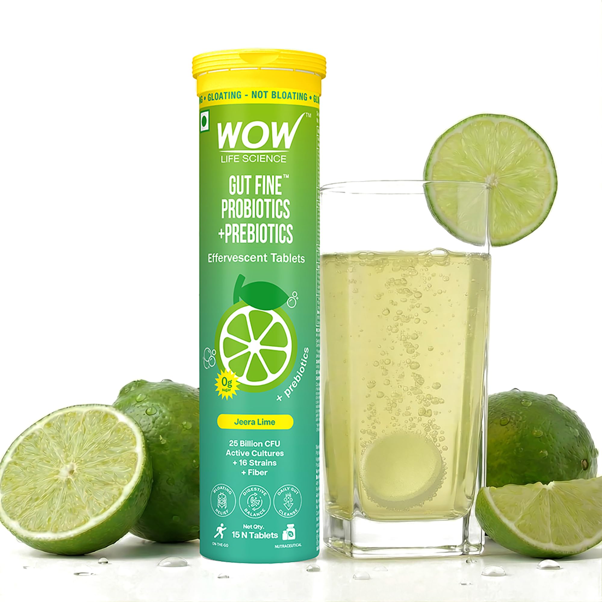 WOW Life Science Gut Fine Probiotics + Prebiotics Effervescent Tablets | Synbiotic Digestive Drink with 25 Billion CFU System, 16 Strains + Fiber | Zero Sugar Bloating Relief & Daily Gut Balance | Jeera Lime | 15 Tablets-picture-17