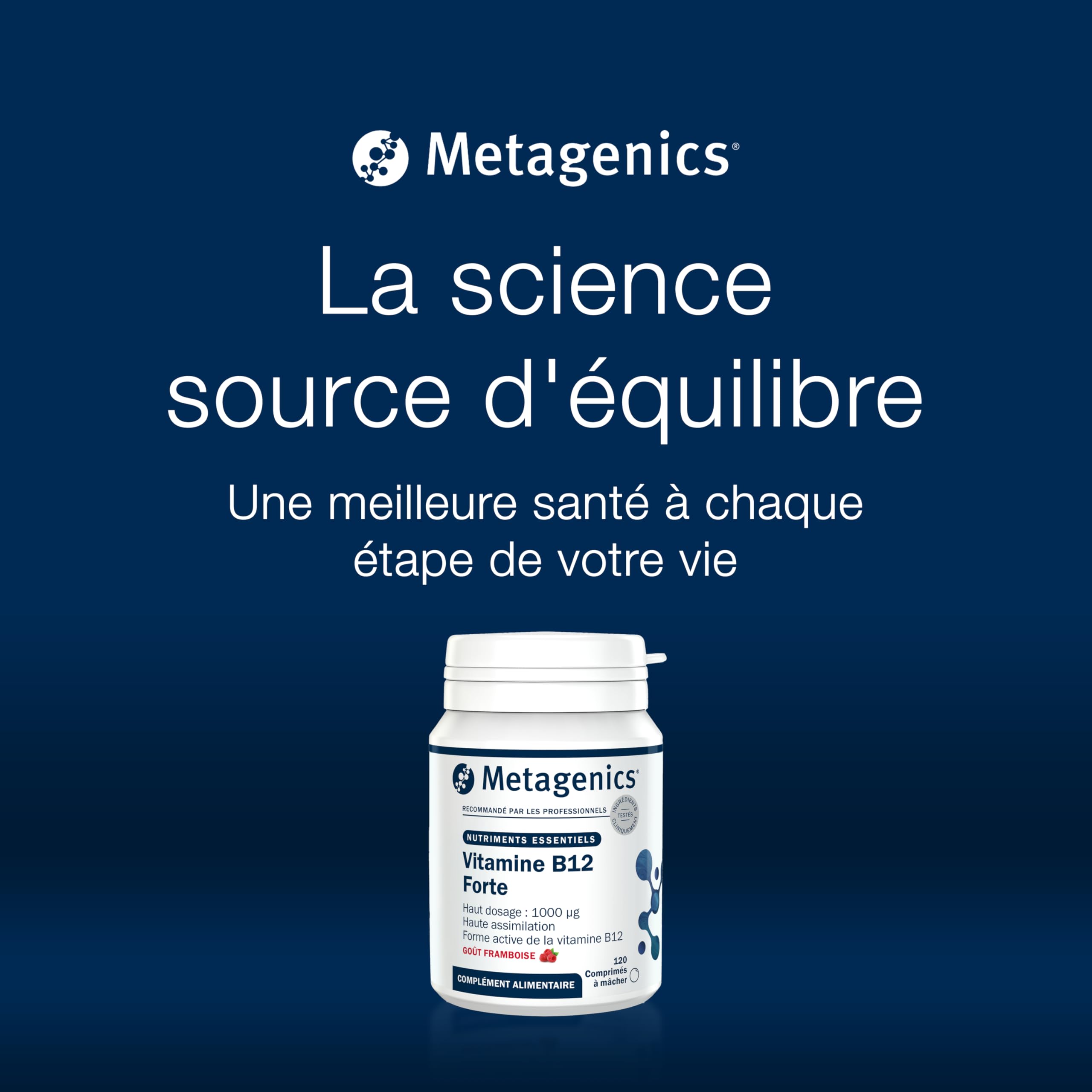 Metagenics Vitamine B12 Forte 1000 μg - Soutien de l'énergie et du système nerveux, réduit la fatigue, 120 comprimés à croquer goût framboise