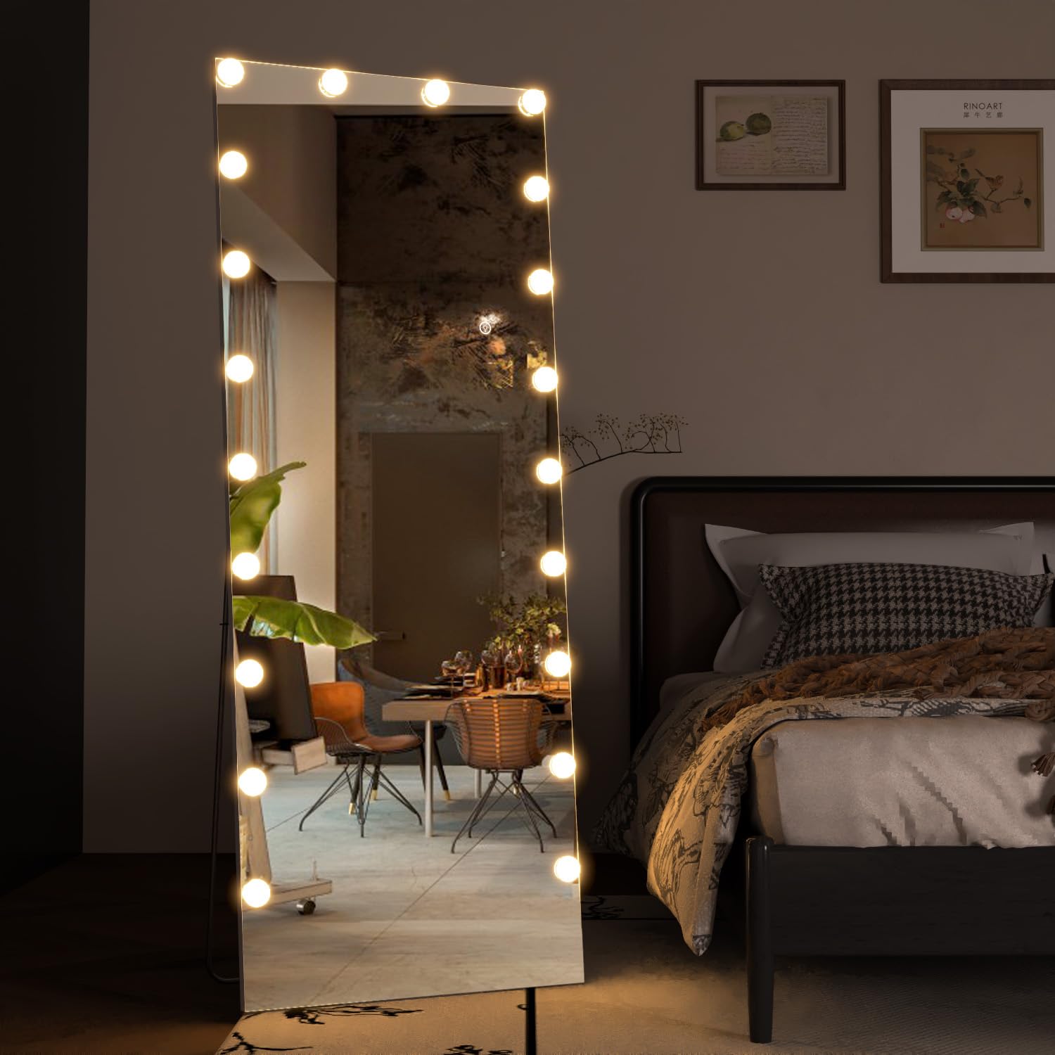 Specchio a figura intera con luci, 160 x 50 cm, specchio da terra Hollywood e da parete con luce, grande specchio da toeletta per camera da letto, 3 modalità di colore (bianco)