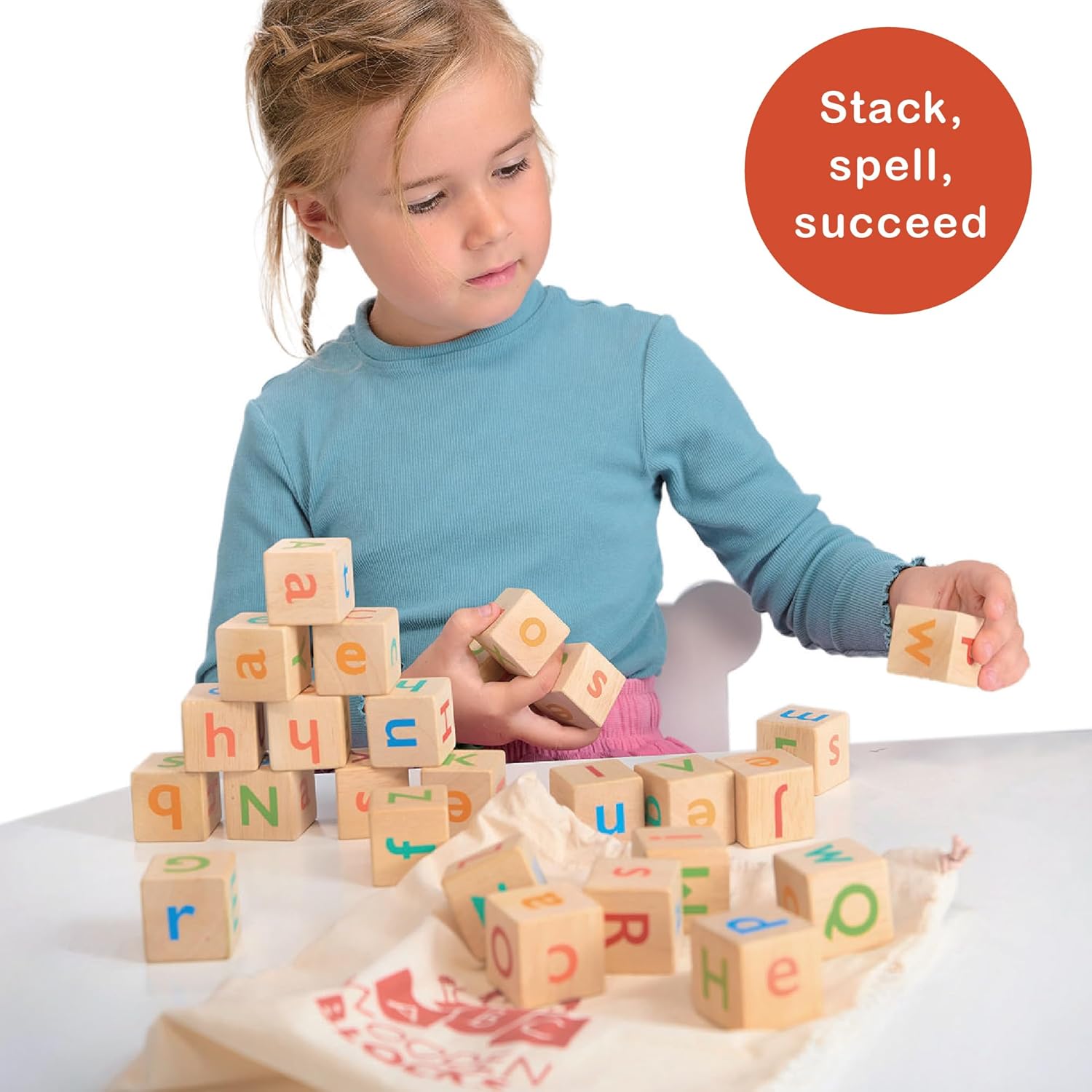 Mentari Toys - Alphabet Spelling Blocks - 26pc ABC Wooden Letter Blocks with Storage Bag - Montessori Building Blocks for Toddlers and Preschoolers - Letter and Color Recognition Toy - Age 3+