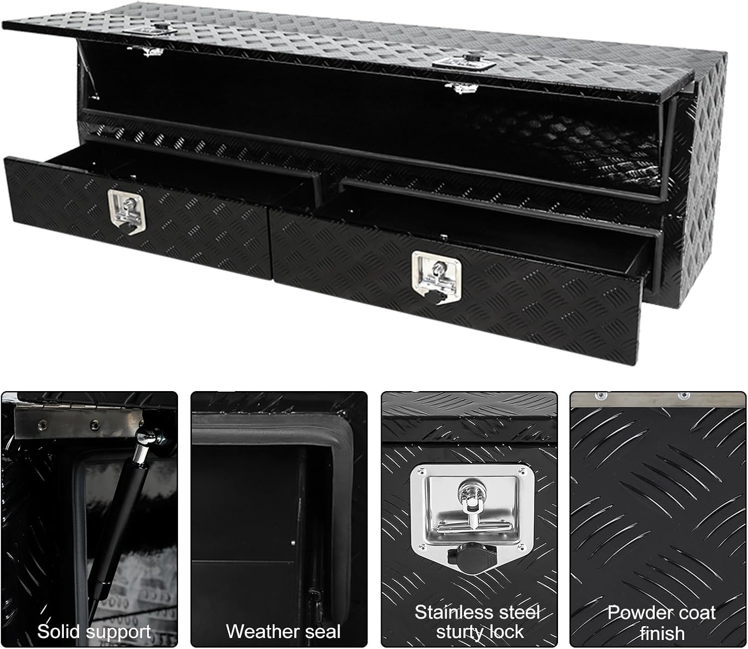 60 Inch Contractor Top Side Boxes with Two Lower Drawers Aluminum Stripes Plated Truck Tool Box Pick Up Truck Bed Tool Box Truck Storage Box Waterproof Toolbox Storage Organizer, 60" x 21" x 13.5"