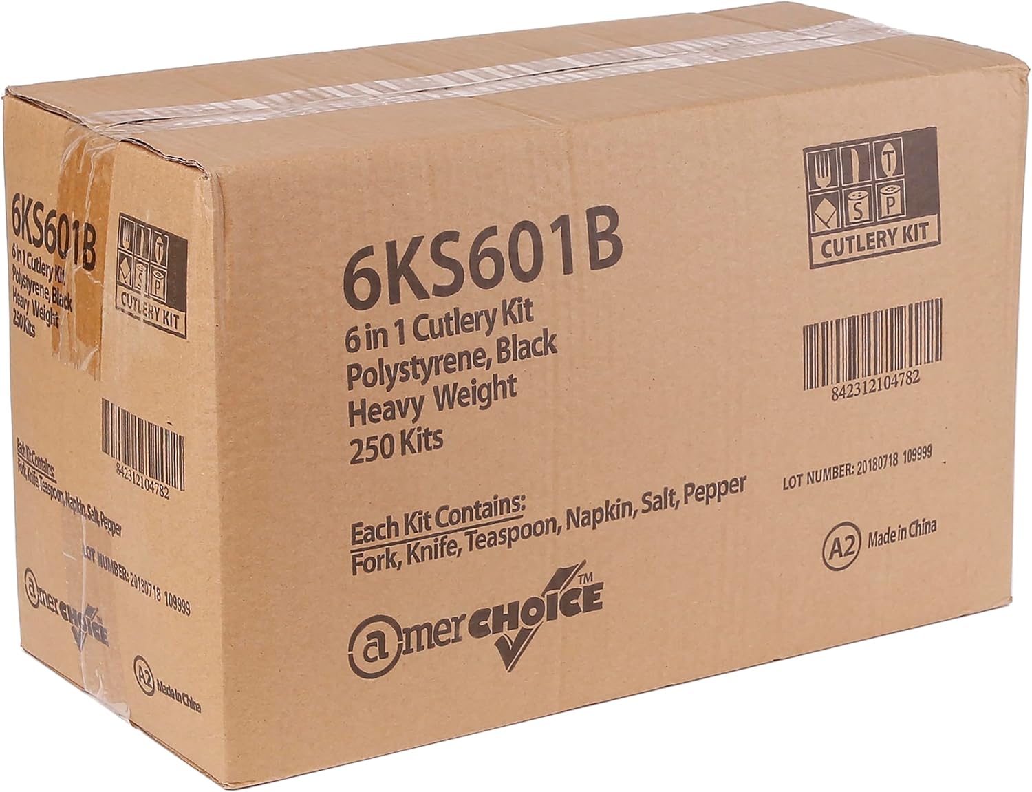 AmerCareRoyal 6-in-1 Disposable Silverware Heavy Weight Plastic Utensil Set with Teaspoon, Fork, Knife, Salt & Pepper Packets, 13x17 Napkin - Individually Wrapped Cutlery Meal Kit, Black, Case of 250