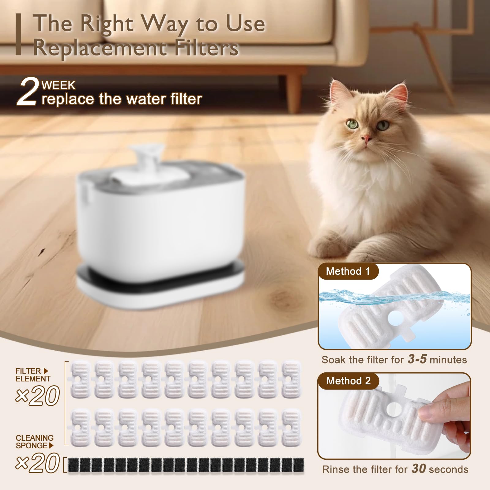 SORON Filtro de fuente de agua para gatos, 20 paquetes de filtros de repuesto compatibles con la fuente automática PETLIBRO PLWF005 y PLWF105 y PLWF115