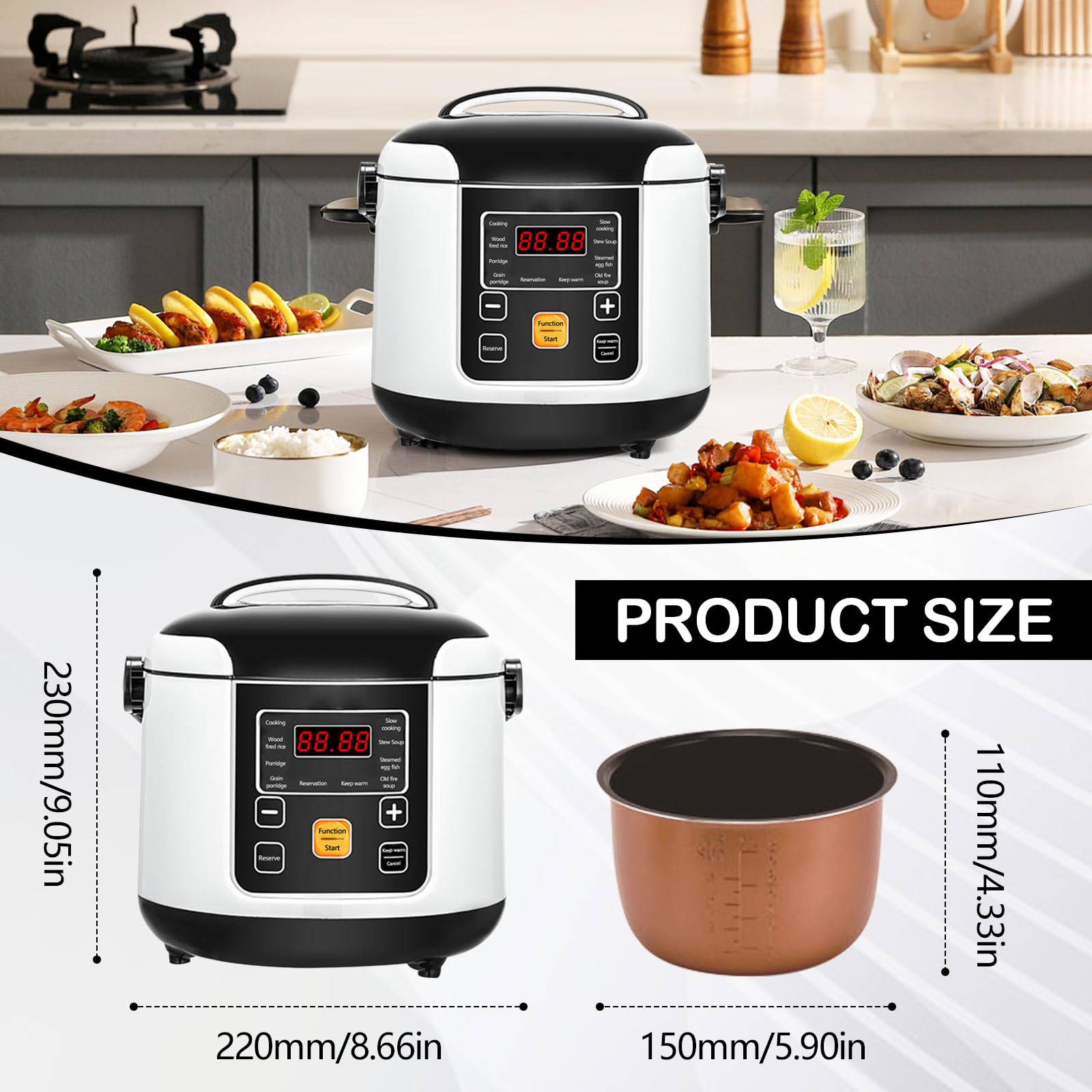 Cuociriso Per Auto, 200w 12v/24v Piccolo Cuociriso Portatile Funzione Di Prenotazione 24 Ore Funzione Di Mantenimento In Caldo Per Cucinare Zuppa Di Riso E Porridge Capacità 2l