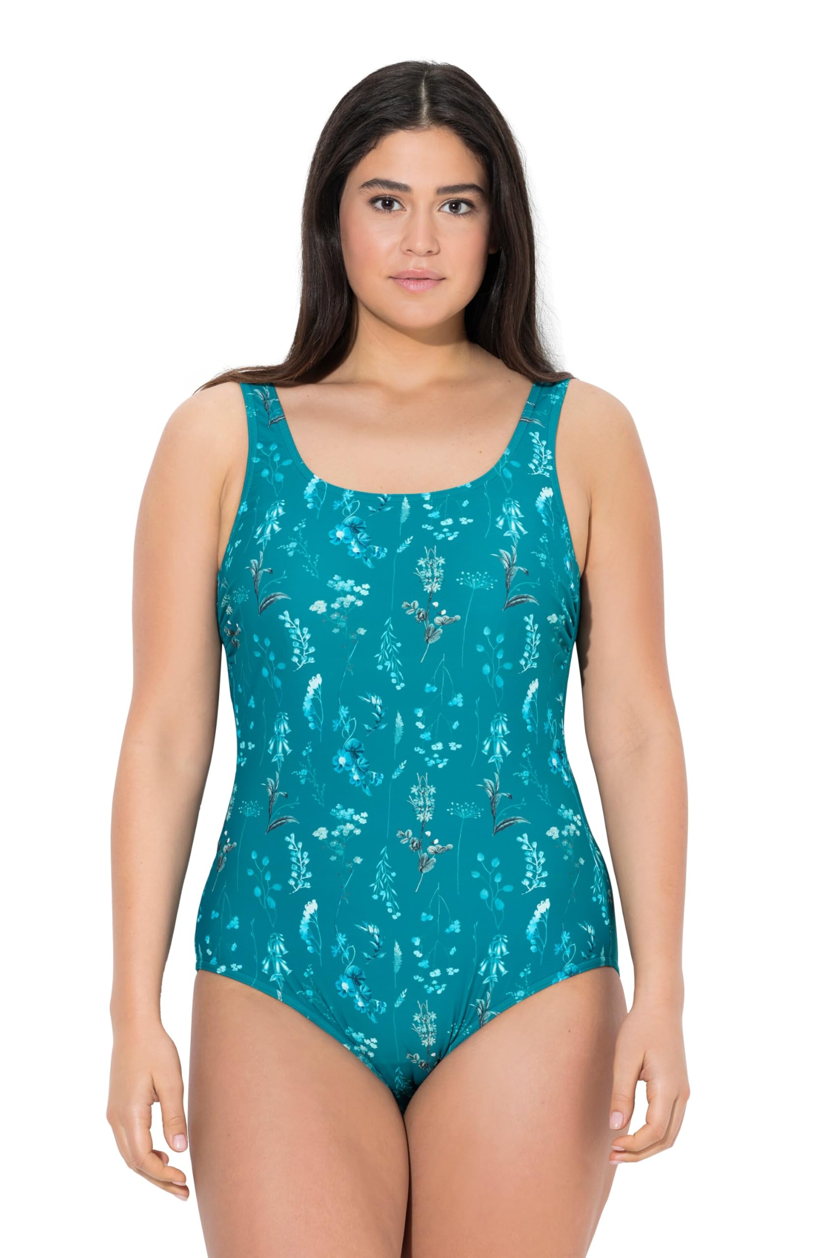 Ulla Popken Damen große Größen Übergrößen Plus Size Badeanzug, Blüten, ohne Softcups, Rundhals 845160