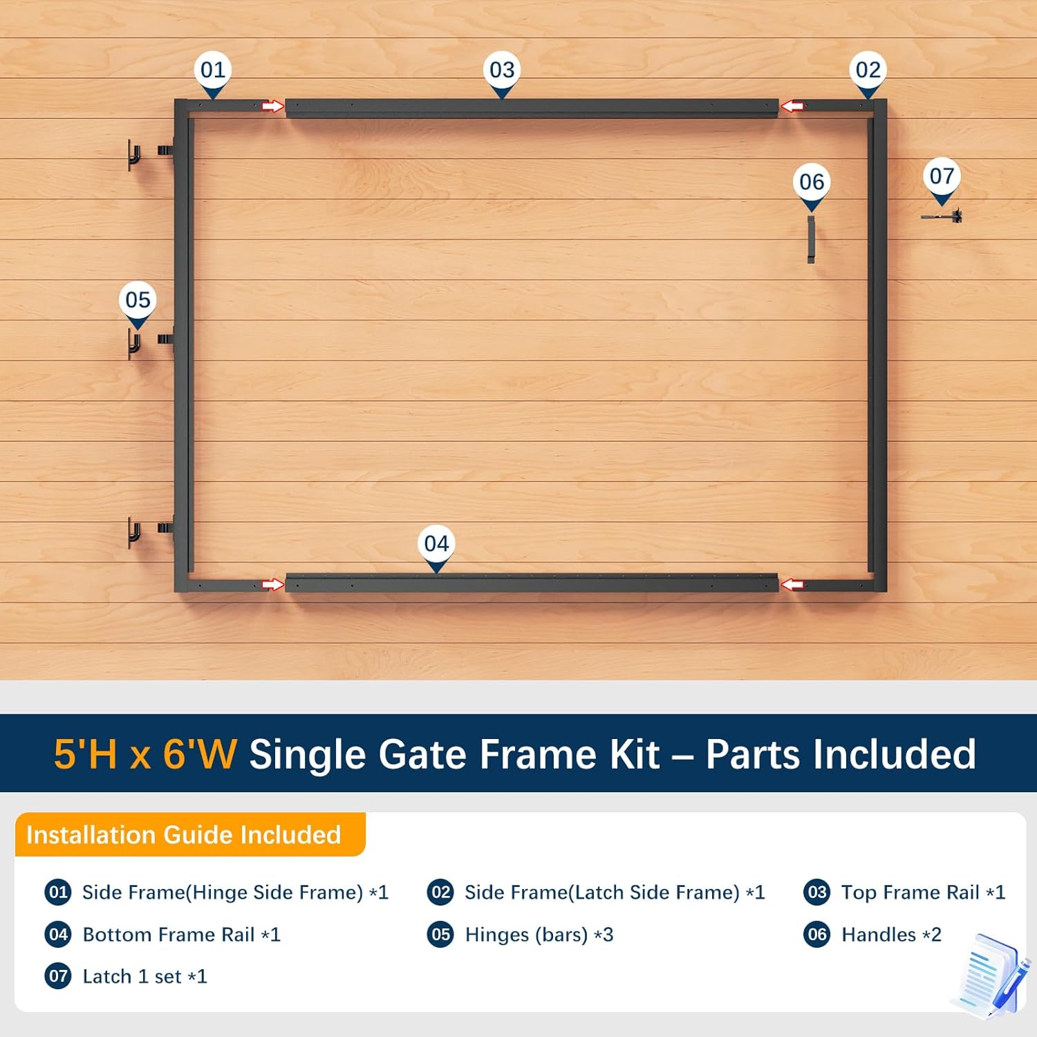 5 ft. H x 6 ft. W Driveway Gate Frame Kit, Anti-Sag Heavy Duty Single Steel Frame, DIY Wood Gate for Outdoor Entrances, Black Coated Fence Gates for Garden, Driveway, Yard (Wood Not Included)