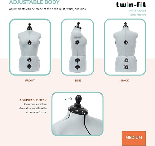Miniatura 5 de Dritz Forma de Vestido Ajustable Twin-Fit Mediana, Tallas US 1218, Maniquí de Costura Femenino con Torso Corporal que Permite Alfileres, 13 Diales