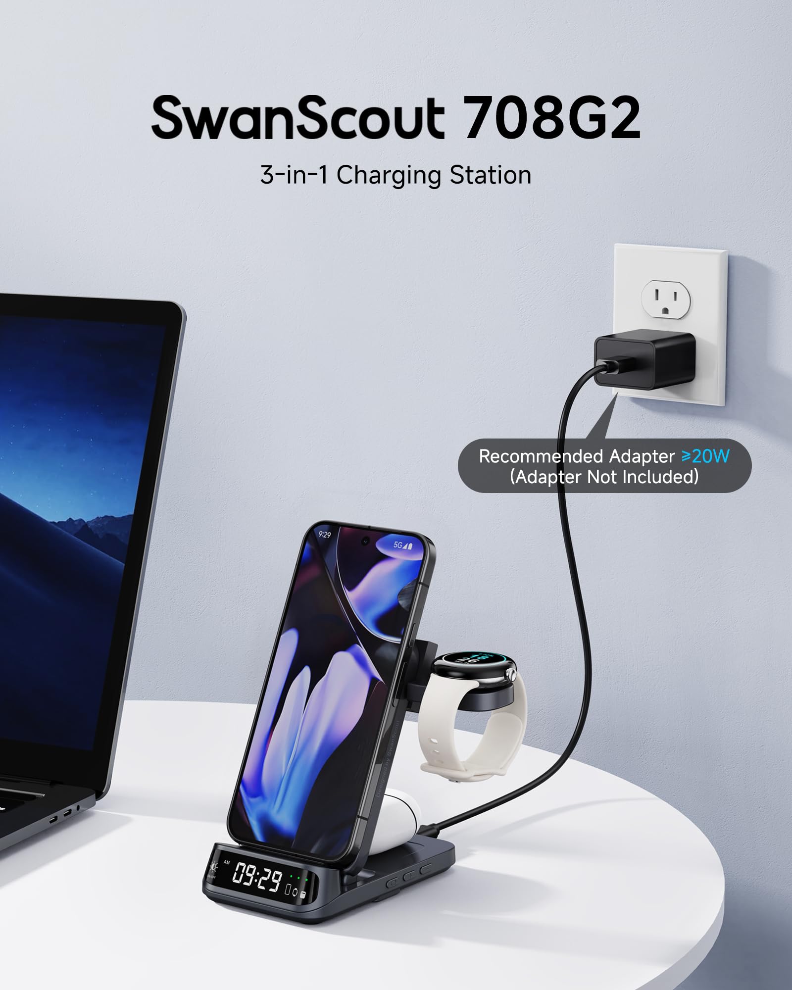 SwanScout Caricatore Wireless per Pixel Watch 3/2/Fitbit Versa 4/3, Stazione di Ricarica 3 in 1 per Google Pixel 9 Pro Fold/9/Fold/8/7/7a/6, SwanScout 708G2 (Non per Pixel Watch 4/1)
