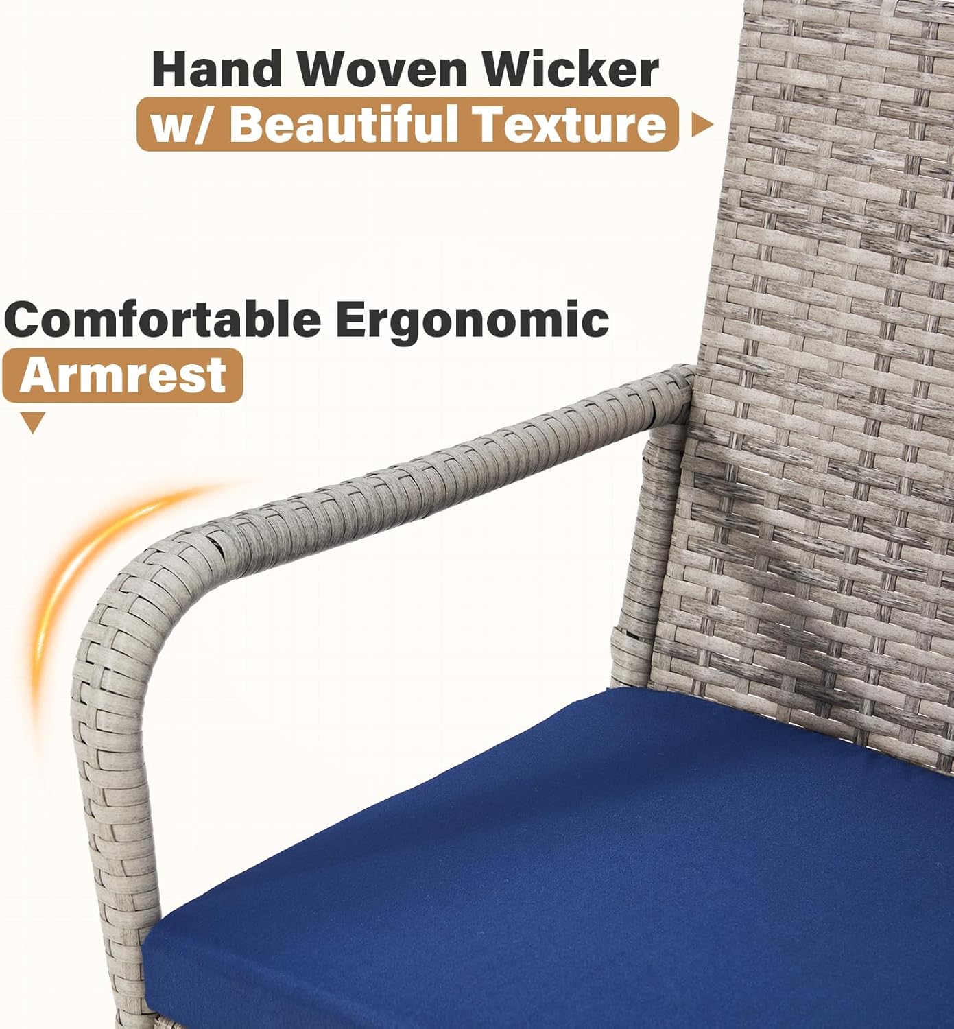 ECOTOUGE Set of 2 Patio Rattan Barstools, All-Weather Wicker Bar Height Chairs with Armrest & Backrest, Soft Cushion, Footrests, Outdoor Furniture for Backyard, Pool, Garden, Grey