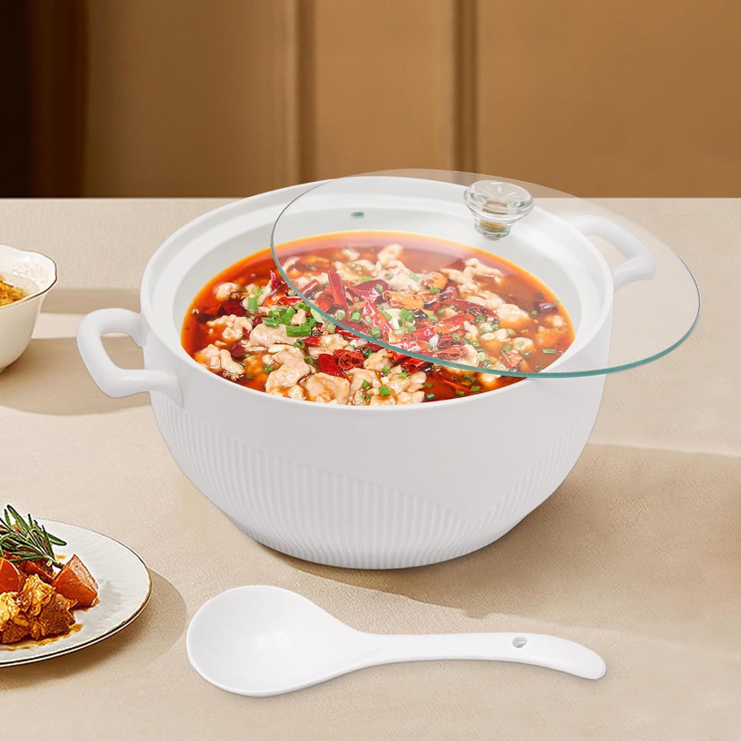 Ceramic Soup Tureen White Porcelain Serving Bowl with Glass Lid & Soup Ladle Modern Simple Covered Tureen for Sauce, Stew, Soup, Microwave/Dishwasher Safe (0.8gal)
