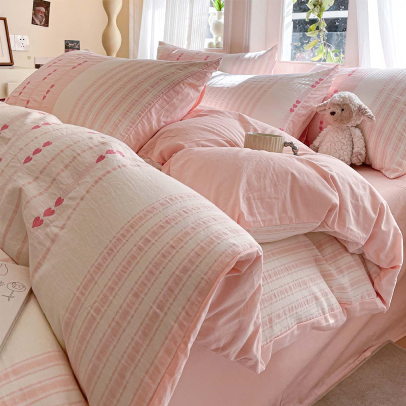 Housse de couette à rayures texturées lit 2m anti-plis