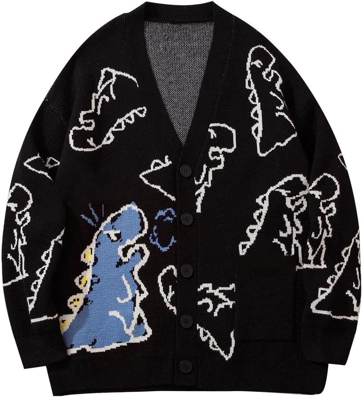 Arssm Mens Dinosaur Sweater Oversized Y2K Vintage Graphic Button Down Cardigan Casual Streetwear Knit Sweater Kawaii Clothes