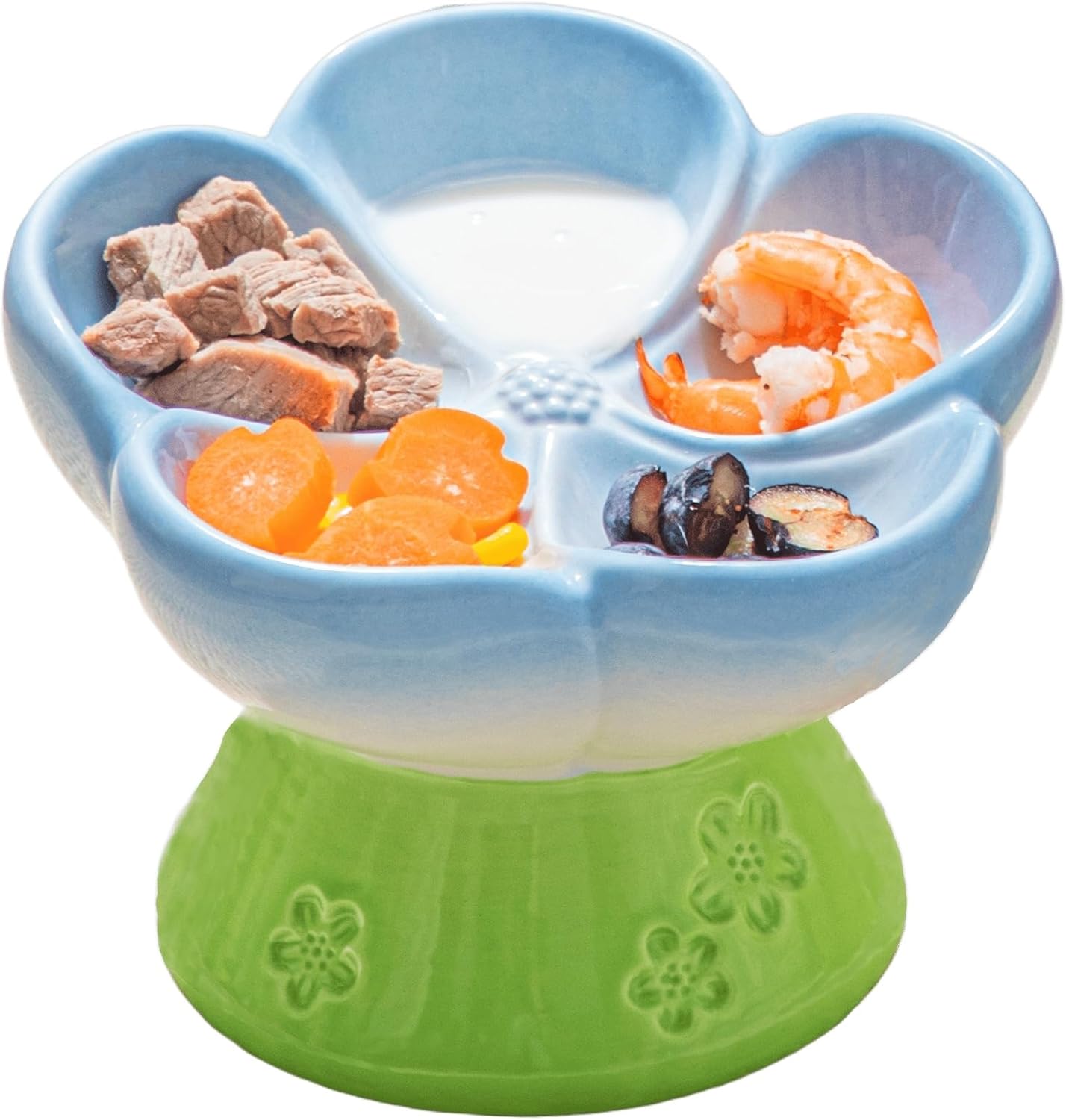 Ceramic Cat Divided Bowl Flower Shaped (5 Sections) - 4 Inch Elevated Design Cute Slow Feeder Bowl, Heavy Base, Under-Glazed Gradient Color - Separates Dry/Wet Food, Veggies, Fruits & Treats