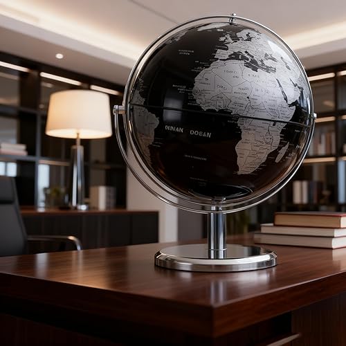 Globo del mundo con soporte giratorio de acero inoxidable para adultos, elegante decoración y regalos para escritorio de oficina en casa para Negro
