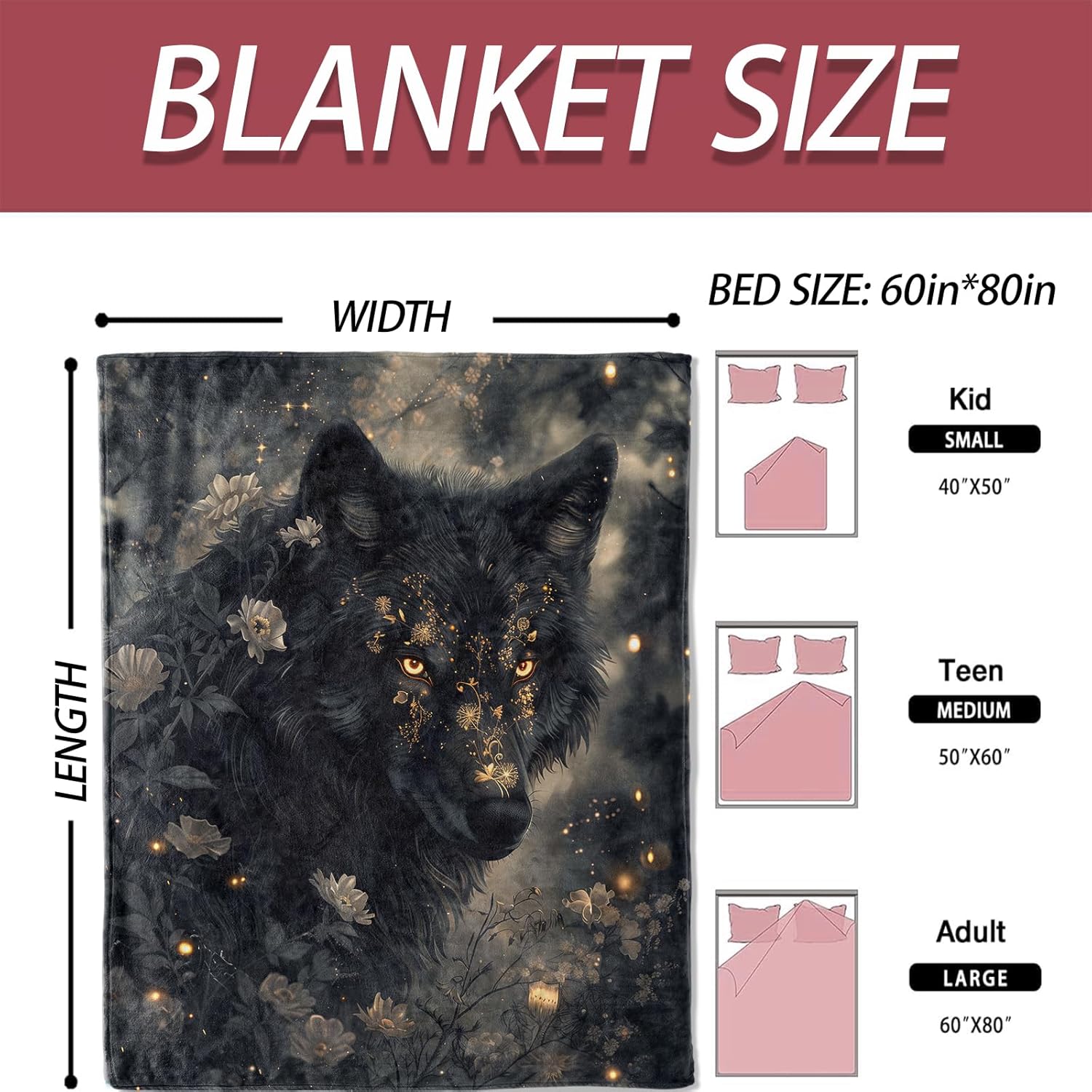 Mystical Black Wolf Flannel Blanket 50x60in,Enchanted Forest Floral Night Design,Soft Lightweight Throw for Wolf Lovers,Fantasy Fans,Wiccan Decor and Dark Aesthetic Rooms Gifts Blankets - Image 3