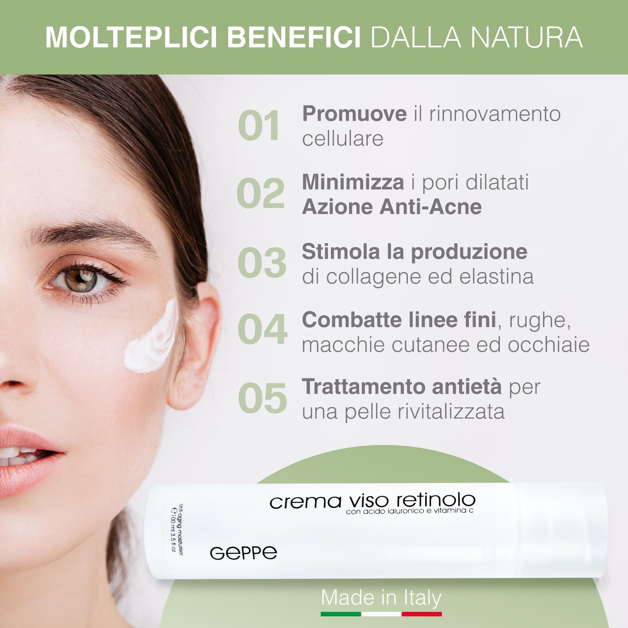 100ml. BIO Crema Retinolo Viso con Acido Ialuronico e Vitamina C - Crema Viso Antirughe Uomo e Donna Adatta come Crema Contorno Occhi - Crema Viso Idratante da Skincare Made in Italy