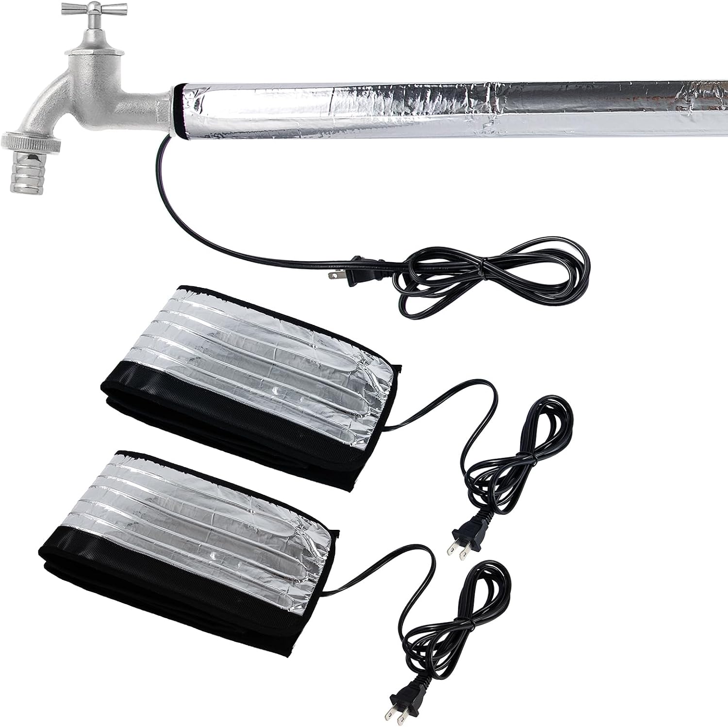 Water Pipe Heat Tape Blanket,2 Pack Faucet Heating Blanket,39.4" x 6" Aluminum Foil Freeze Protection Winter Pipe Heater Wrap, Heating Cable for 1-1/4" Metal Plastic Pipes,110V, Max Temp 140˚F