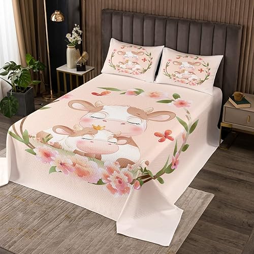 Miniatura 4 de Erosebridal Juego de edredón para niños con bonito diseño de animales y abejas dulces, juego de ropa de cama floral rosa y rosa, juego de colcha con