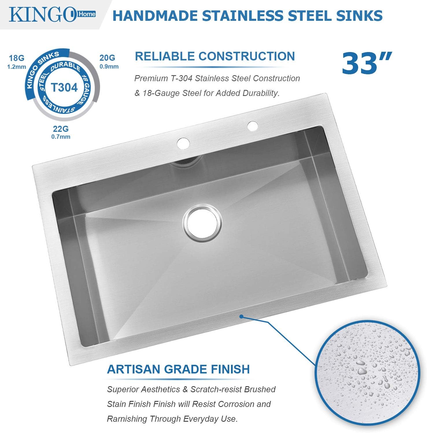 KINGO HOME 33 x 22 Inch Drop in Stainless Steel Kitchen Sink, Single Bowl 16 Gauge Top mount Sink Commercial Handmade 9 Inch Deep Kitchen Sinks Workstation Single Basin Brushed Satin Nickel