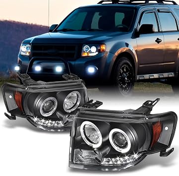 AKKON - For 2008-2012 Ford Escape Black Bezel Dual LED Ring Design Halogen Type Projector Headlights Front Lamps Pair