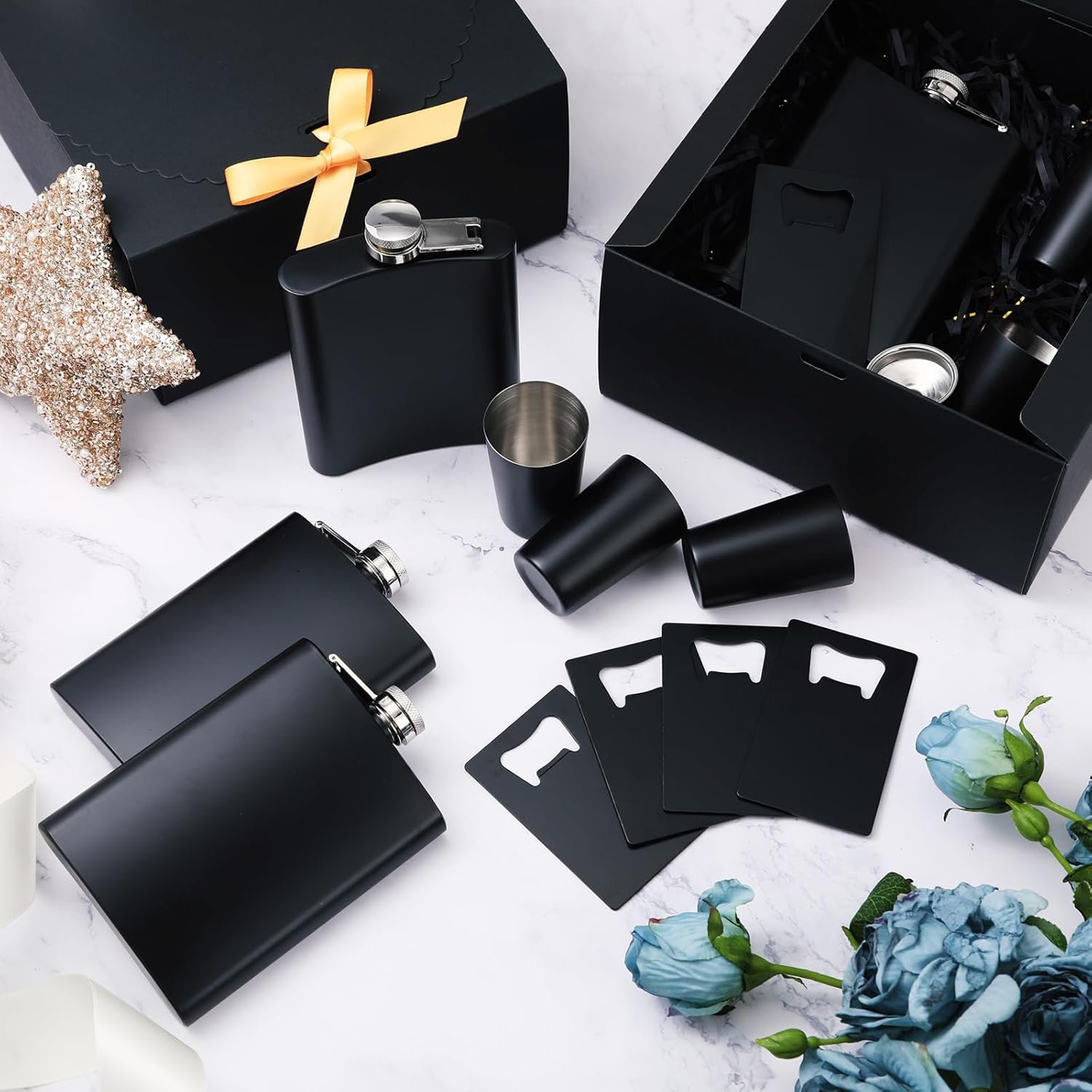 Yaomiao Wedding Groomsman Gifts Set of 8 Flask for Men 8 oz Stainless Steel Hip Flask with 8 Shot Glass 8 Funnel 8 Credit Card Bottle Opener Groomsmen Proposal Box with Raffia Grass Shred Fill