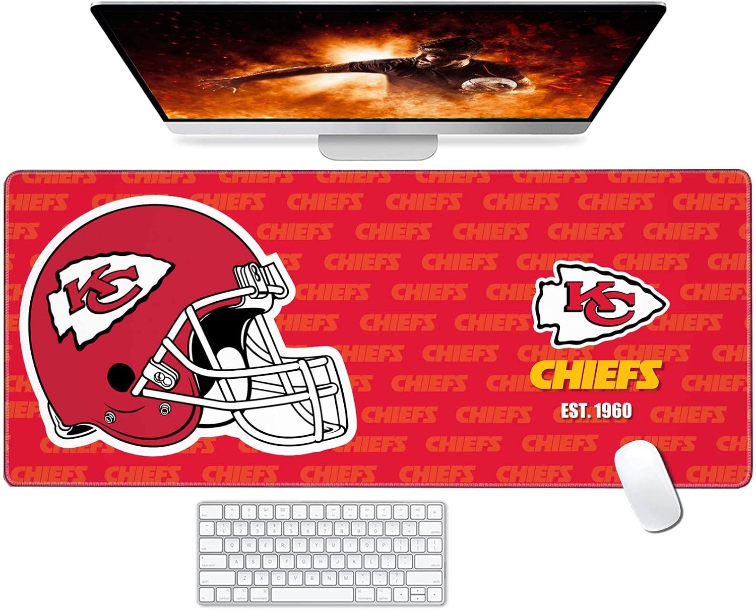 Large Gaming Mouse Pad with Non-Slip Rubber Base for Laptop Computer Desktop Keyboard,Red Design Stitched Edges Mouse Desk Mat for Football Sport Fans