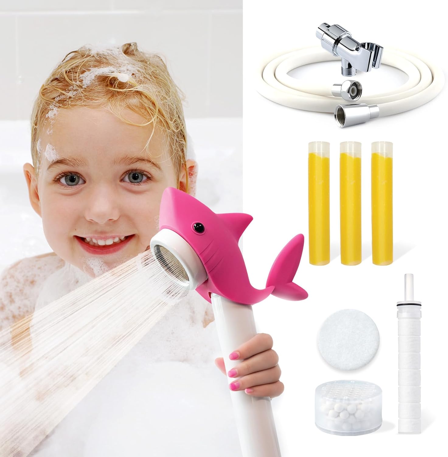 Barumi Livo Handheld Filtered Showerhead for Kids | Pink Shark Shower Head with 3-Pack Vitamin C Filters, PVC Hose and Holder