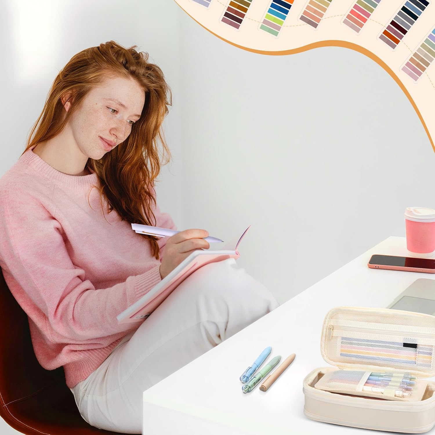 135 Pcs Book Annotation Kit Aesthetic Pencil Case Bag 12 Highlighter 11 Gel Pen 1 Marker 300 Sheet Transparent Sticky Notes Pad 2640 Index Stickers Bible Study Supplies(Classic,Beige)