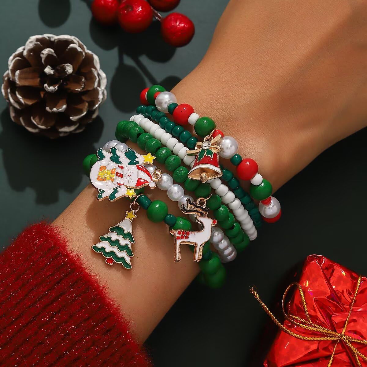 Blue Drop Christmas Bracelets for Women Elk Santa Claus Snowflake Christmas Tree Bell Beaded Stackable Bracelets Xmas Party Jewelry Gifts - Image 3