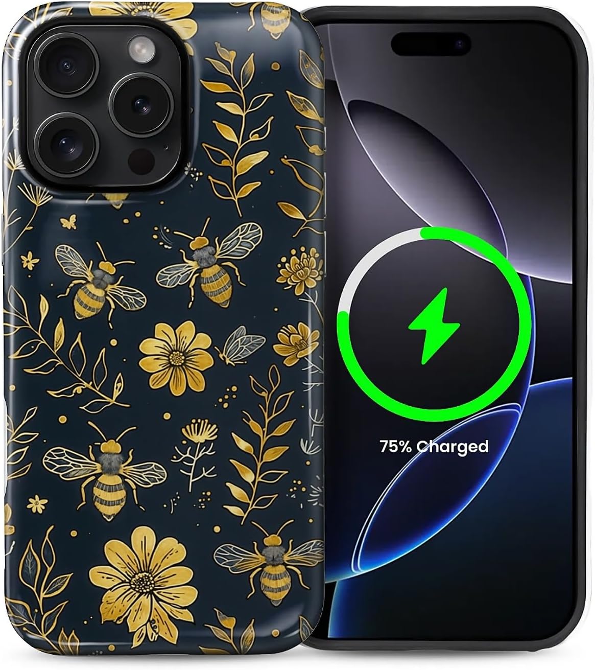 for iPhone 15 Pro Case for MagSafe Glossy Hard Shell Acrylic and Silicone Soft Shell Combination Phone Style 2-in-1 Vintage Yellow Bee Floral Pattern Vintage Yellow Bee Floral iPhone 15 Pro