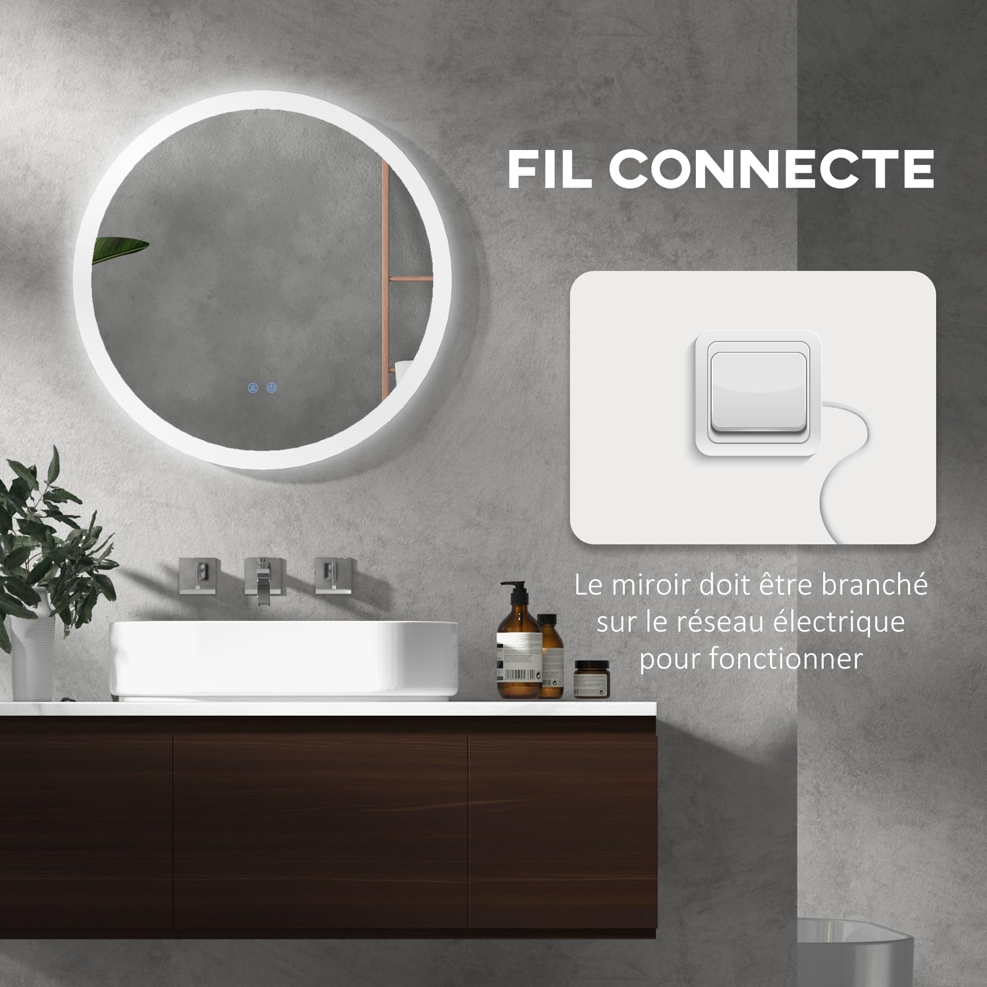 kleankin Miroir Rond Salle de Bain avec éclairage LED Ø 60 cm, Miroir Mural 29W avec Anti-buée, 3 Couleurs réglables, dimmable, Interrupteur Tactile, Fonction mémoire, Blanc et Argent