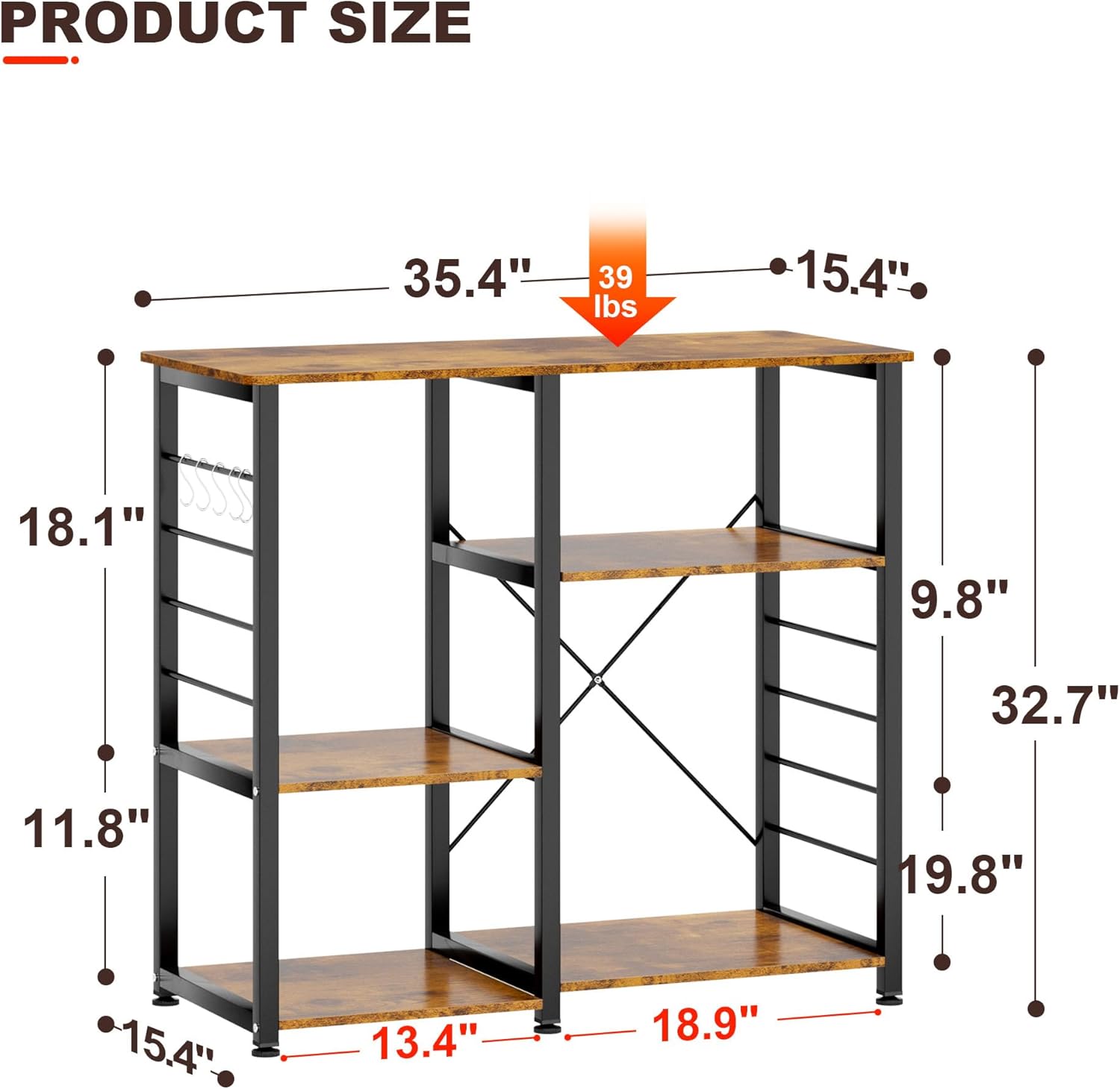 sogesfurniture Kitchen Baker's Rack, Utility Microwave Oven Stand 3-Tier Stand for Kitchen Storage Workstation Shelf, Rustic Brown