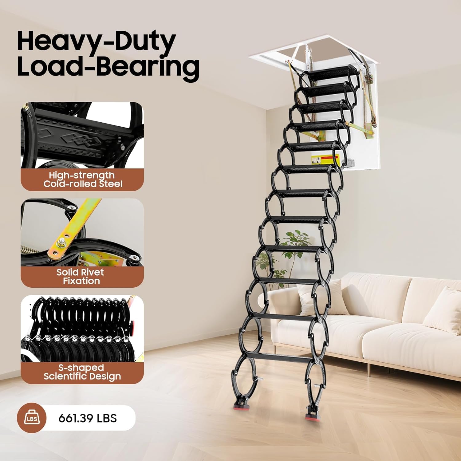 Ceiling Mount Attic Ladder, Heavy Duty 660LBS Capacity Retractable Ceiling Pull Down System, 12 Steps Folding Loft Step, 12-Step Hidden Mount Attic Extension Stairs for Garage & Home Attic Access