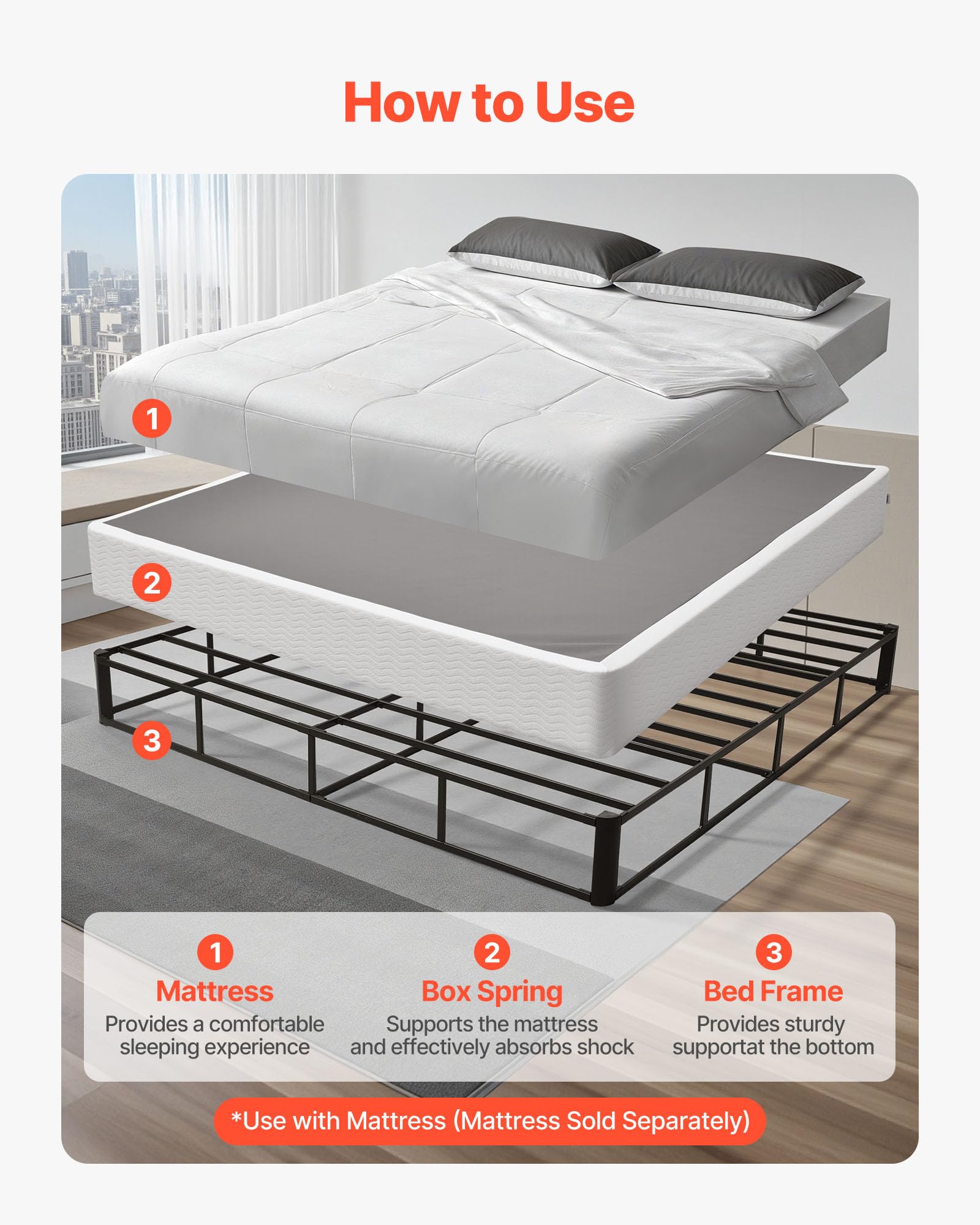 VEVOR Boxspringbettgestell (King-Size) mit Waschbarem Stoffbezug, Metallrahmen (2010 x 1925 x 230 mm) für Queensize-Betten, 23 cm Matratzenauflage, Max. Belastbarkeit 1587,57 kg, Matratzenfundament