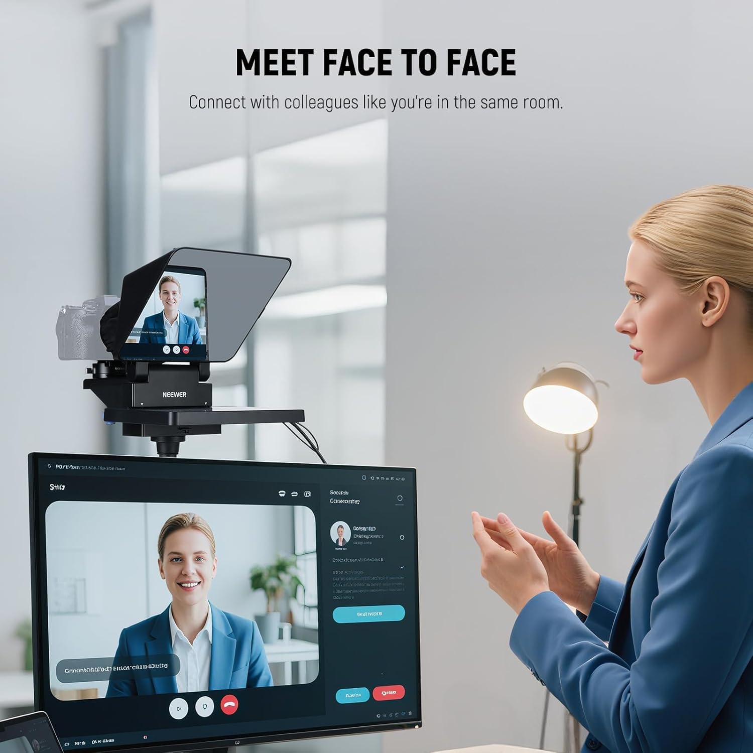 Woman looking directly at the camera while on a video call, facilitated by the teleprompter
