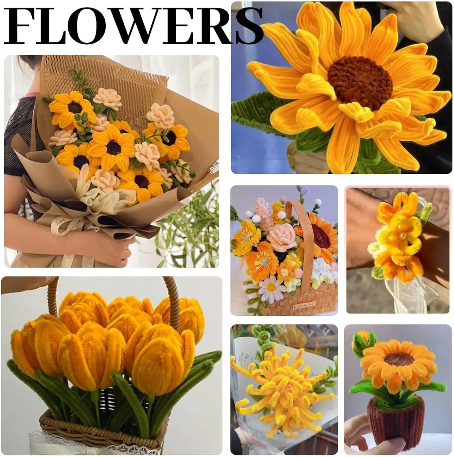 Glitter Pipe Cleaners 500PCS Pipe Cleaners Craft Supplies, Sunflower Cleaner Kit, Bulk DIY Chenille Stem Bouquets