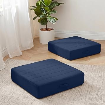 MeMoreCool 22 Inch Square Floor Pillows for Adults, 2 Pack Navy Cushions | Set of 2 navy washable tufted floor cushions, thick foam seats for yoga, meditation, den