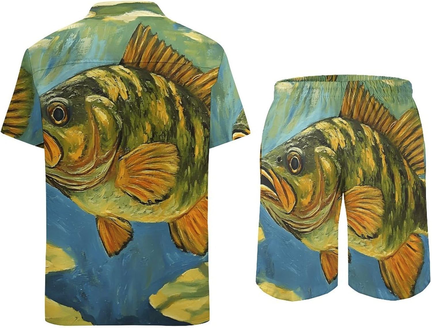 Underwater Bass Fish Men's Summer Beach 2 Piece Outfits | hawaiian button down shirt and shorts,vacation cruise,mens bathing suit