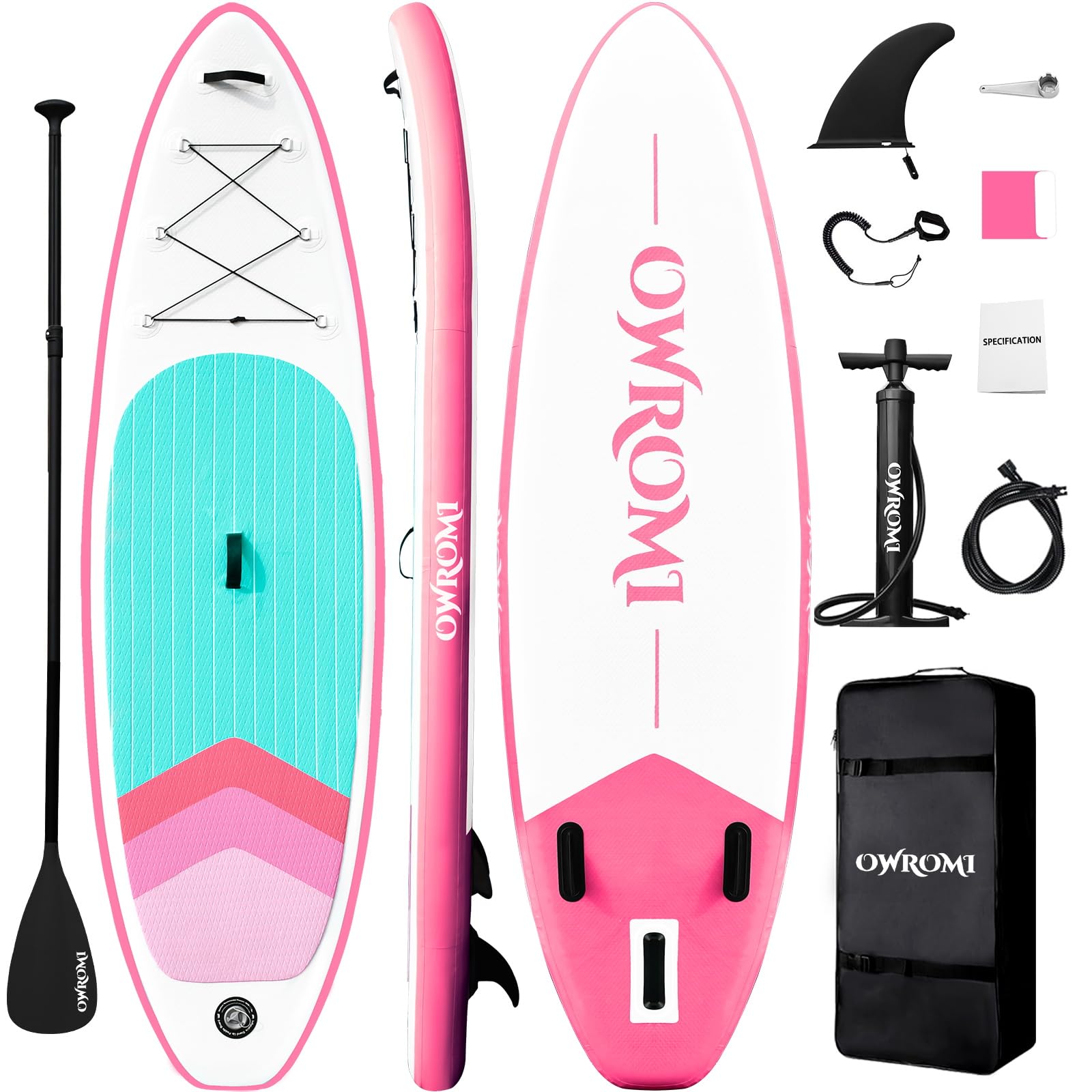 OWROMI Inflatable Stand Up Paddle Boards with Premium SUP Paddle Board Accessories, Wide Stable Design, Anti-Slip EVA Deck for Youth & Adult (Gradient-Pink)