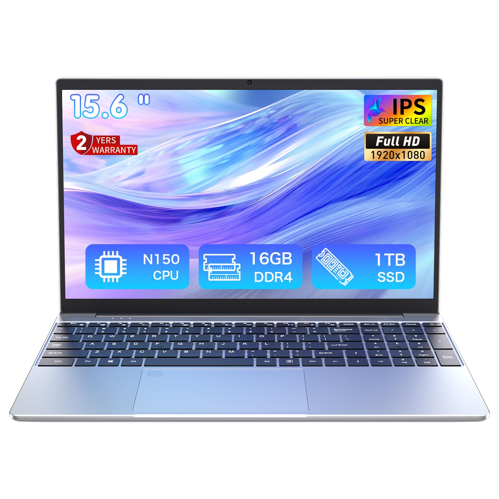 Auusda 15.6" Silver Laptop, N-Series Quad-Core up to 3.6GHz, 16GB DDR4 RAM, 1TB SSD, FHD Display, Fingerprint, Backlit Keyboard, 8000mAh Battery, Lightweight Notebook for Work & Study