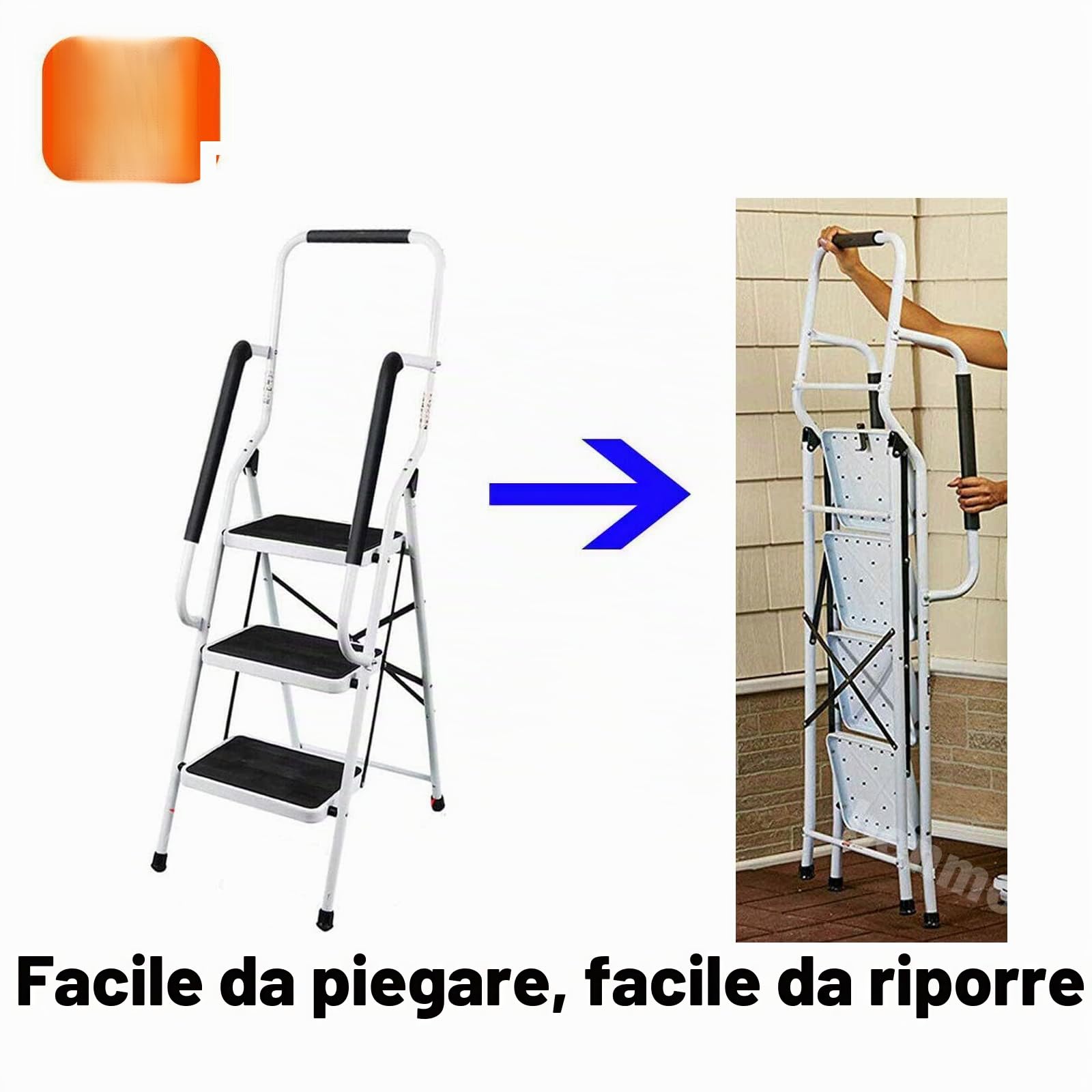Scaletta pieghevole a 3 gradini, gradini pieghevoli in acciaio con corrimano, scaletta domestica antiscivolo, scala stabile, scala pieghevole, sgabello pieghevole per casa e cucina, portata fino a 150