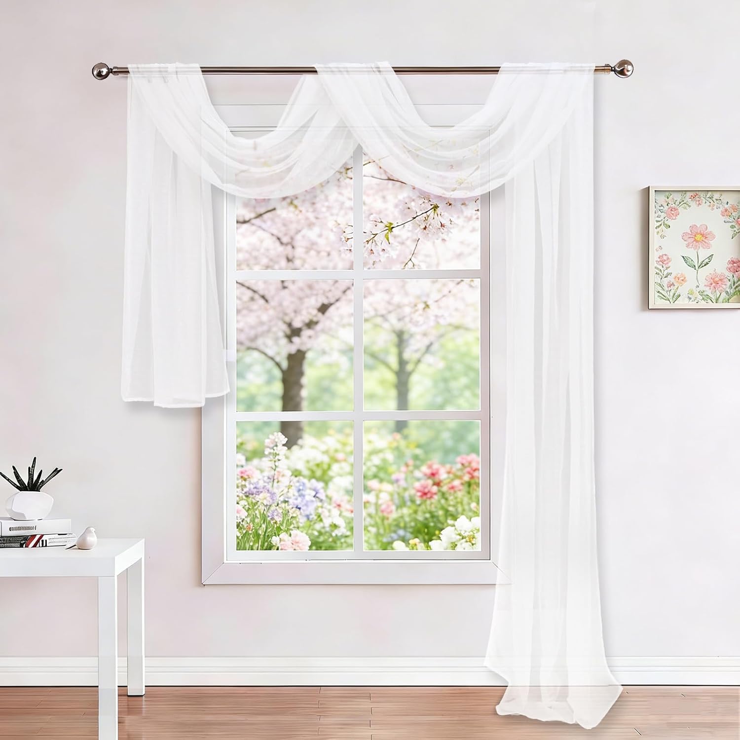 Showgeous 2 Panels White Window Scarf Valance Sheer Canopy Bed Curtains 52" X 216" Extra Long Topper Window Treatment Elegant Curtain Scarves Soft Voile Swag Curtain Drapes for Wedding Arch Home Decor